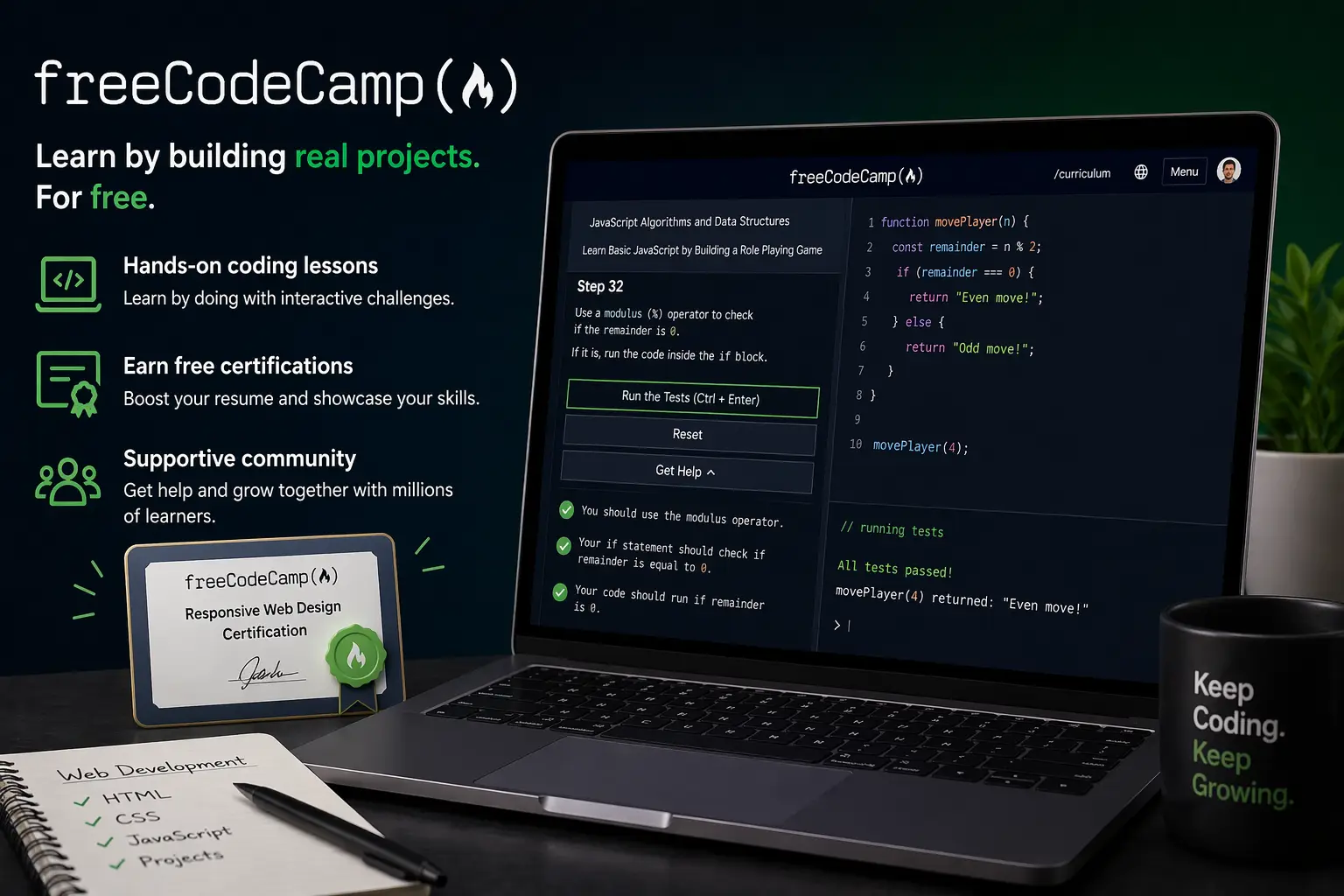 freeCodeCamp lessons and coding challenges for beginner web developers