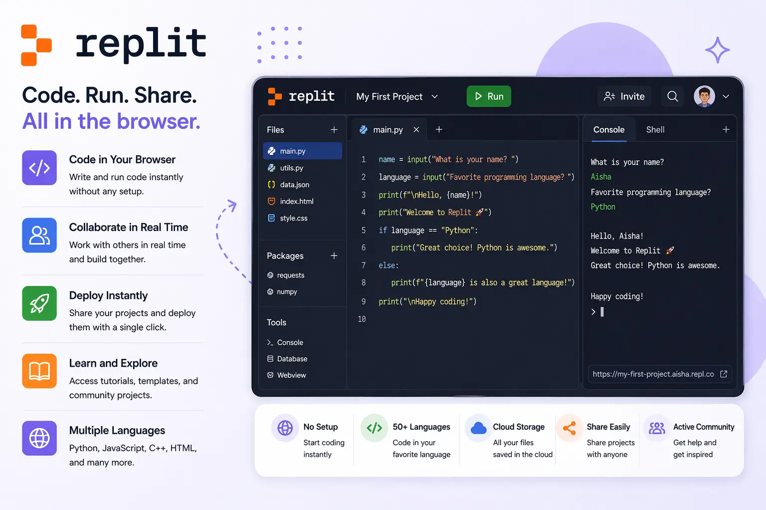Replit browser coding environment for writing and running code online