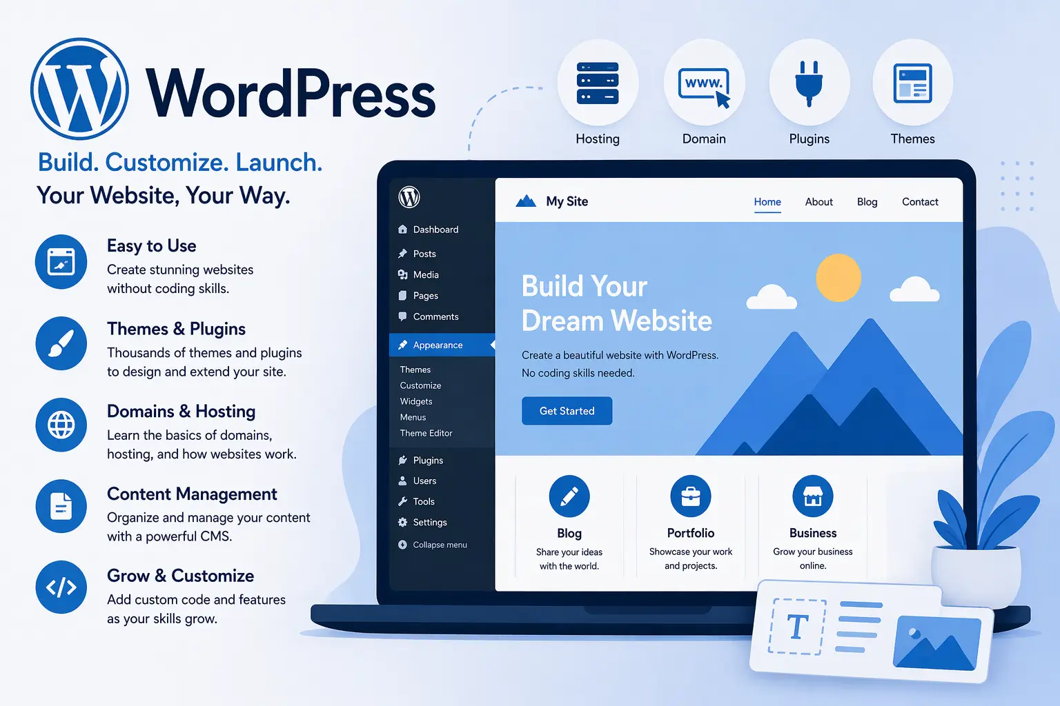WordPress dashboard for building a beginner-friendly website and blog