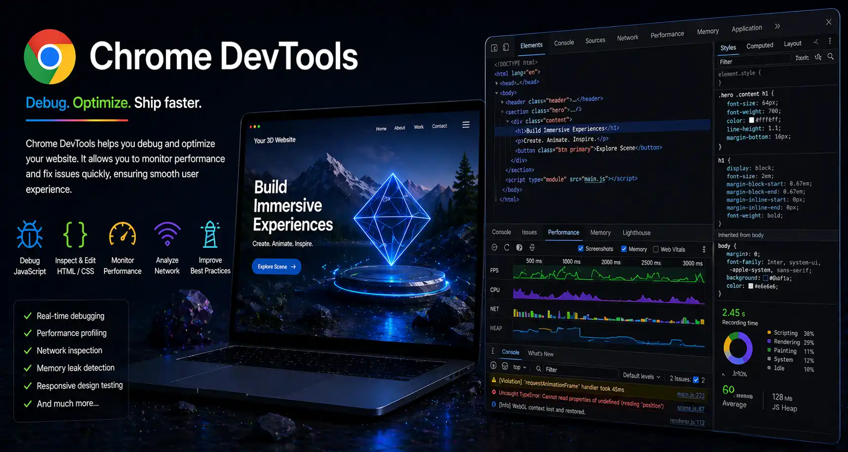 Chrome DevTools performance panel for optimizing 3D web rendering