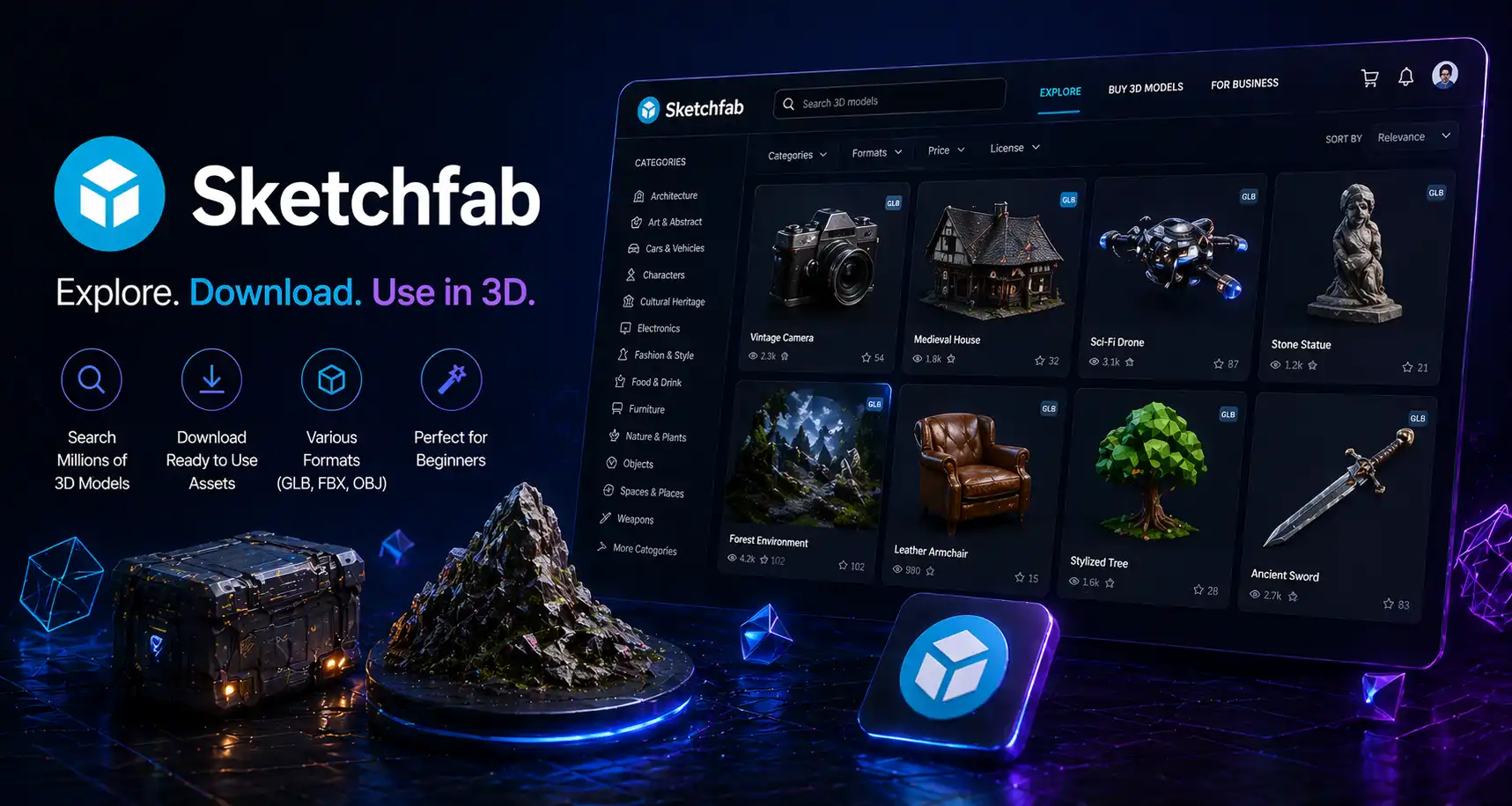 Sketchfab marketplace for downloading ready-made 3D models