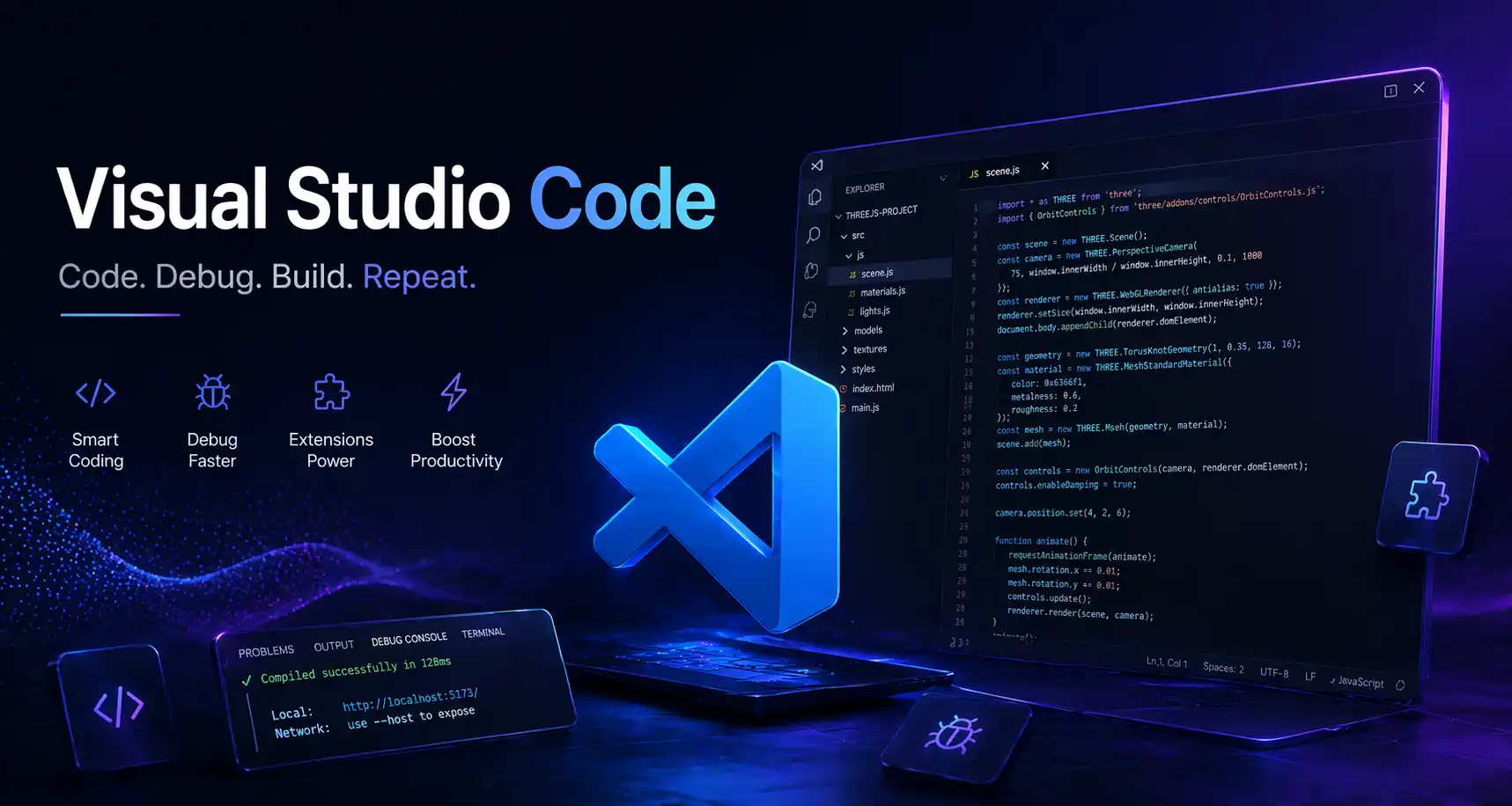 Visual Studio Code editor used for Three.js development workflow