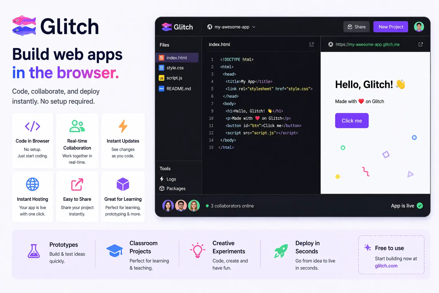 Glitch browser coding workspace for building and hosting small web applications
