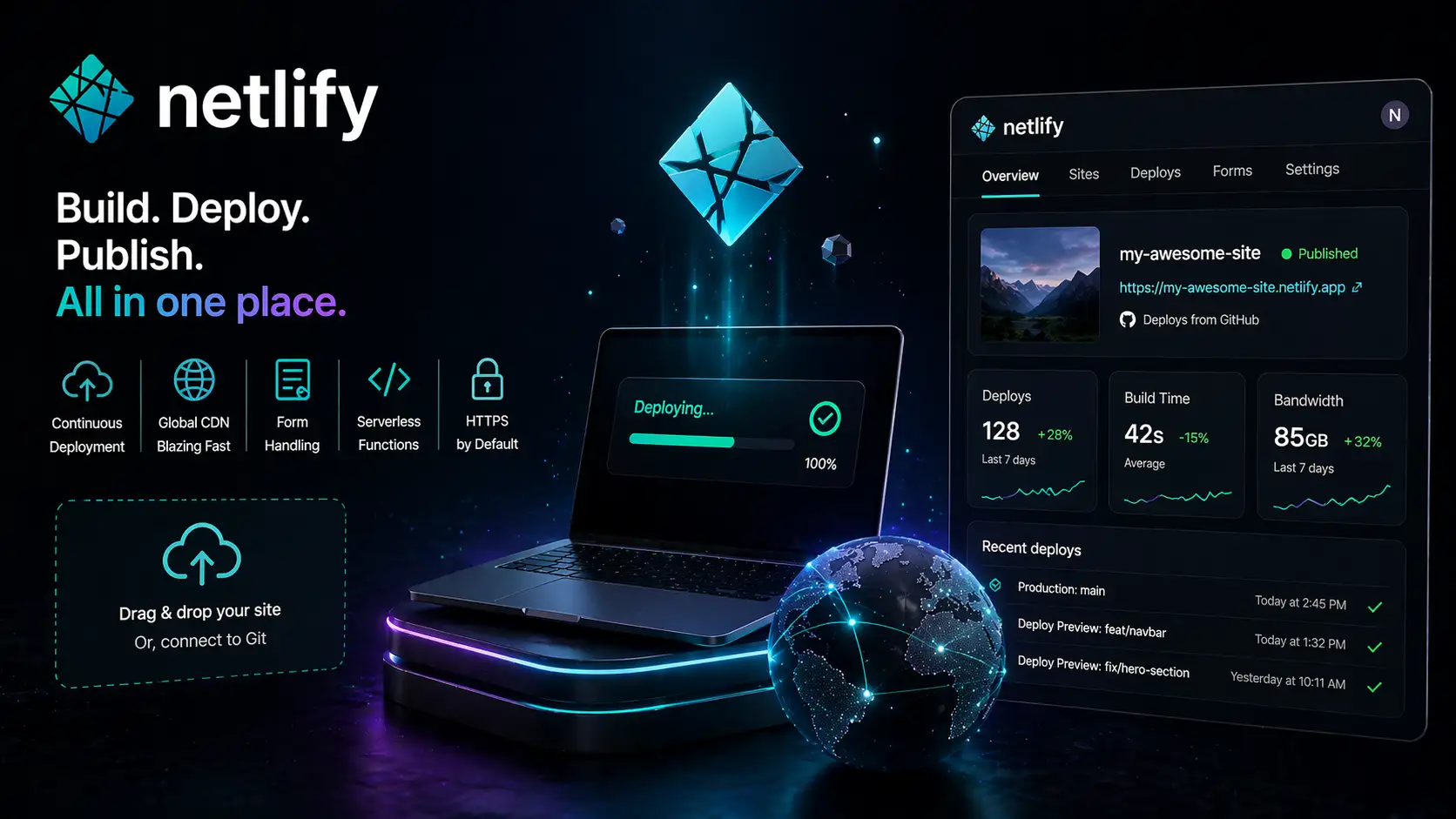 Netlify deployment interface for hosting static websites and frontend projects for free