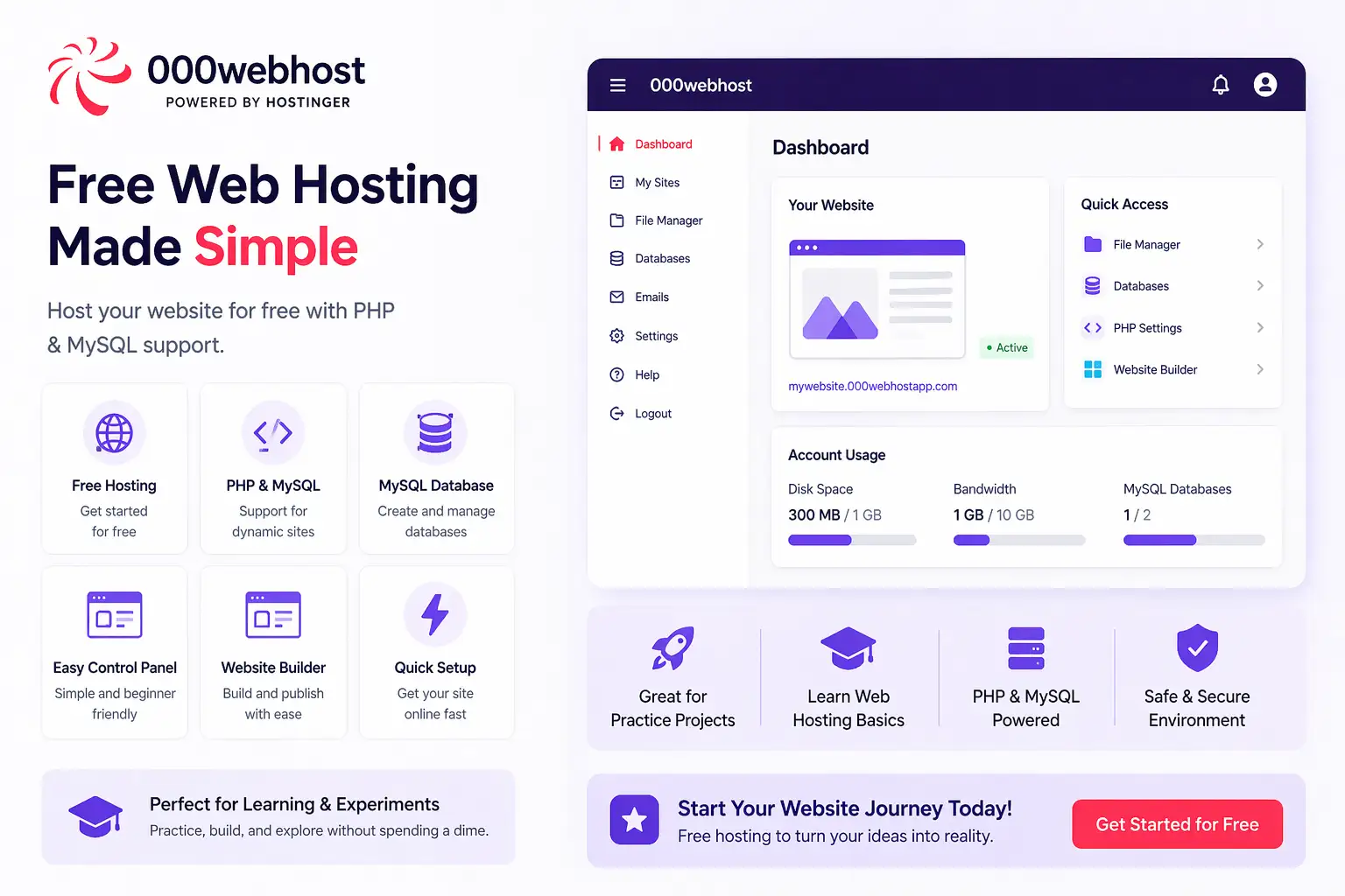 000webhost control panel for free website hosting with PHP and MySQL support
