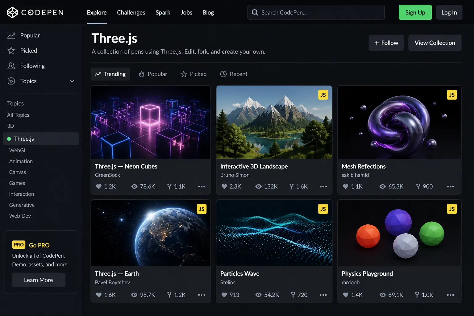 CodePen browser editor for testing and learning Three.js code snippets quickly