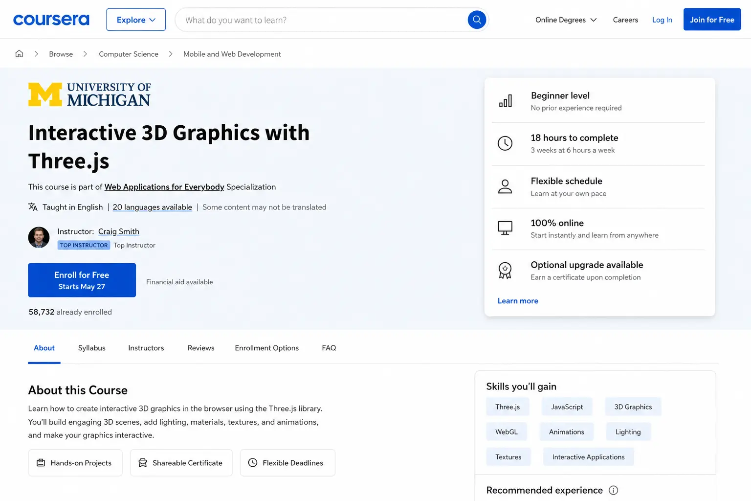 Coursera courses for structured beginner learning in web development and graphics programming