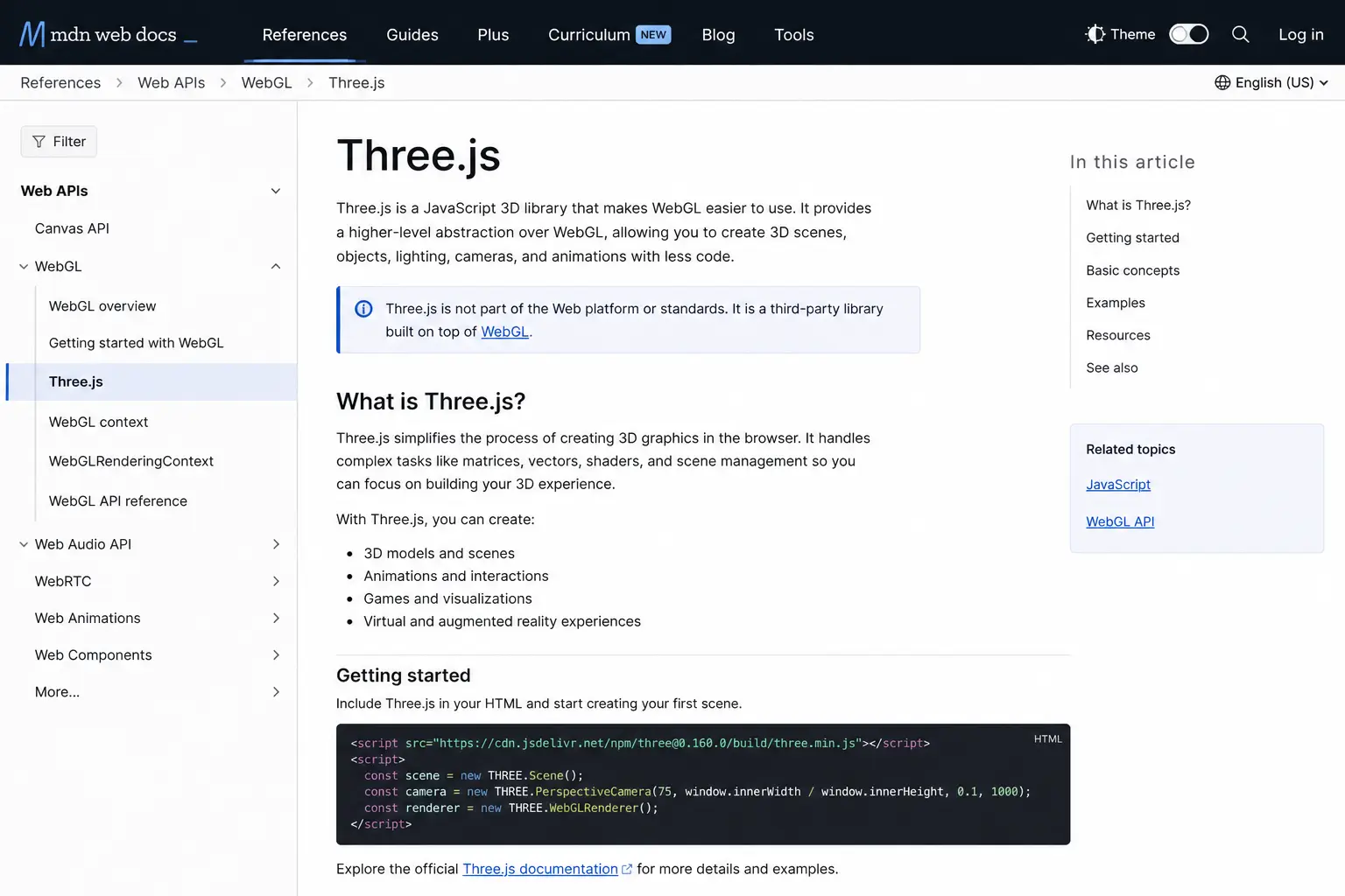 MDN Web Docs for learning JavaScript, WebGL, and browser concepts behind Three.js