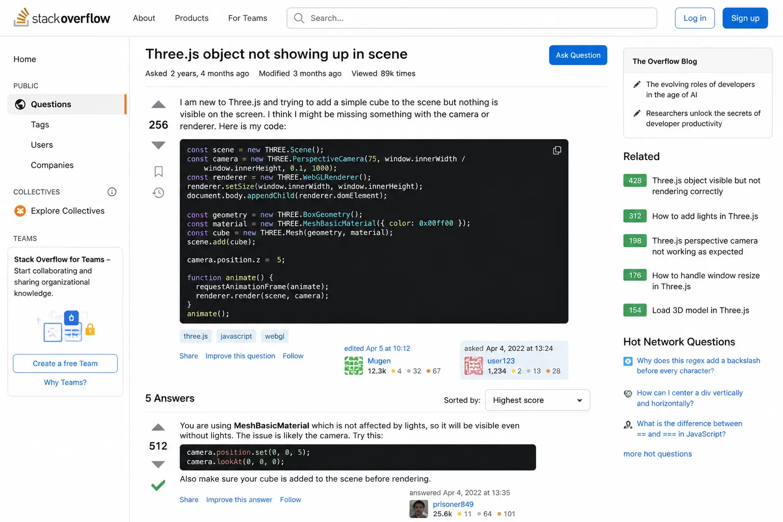 Stack Overflow discussions helping beginners solve common Three.js questions and errors