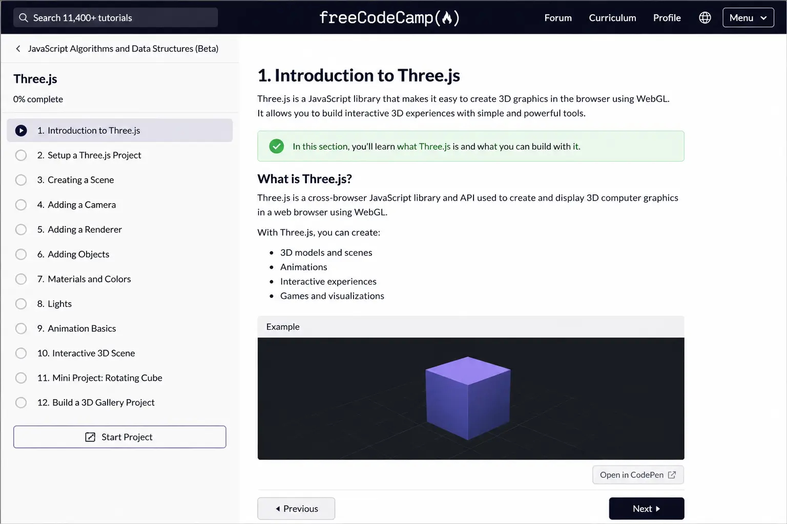 freeCodeCamp lessons and beginner-friendly coding resources for learning Three.js basics