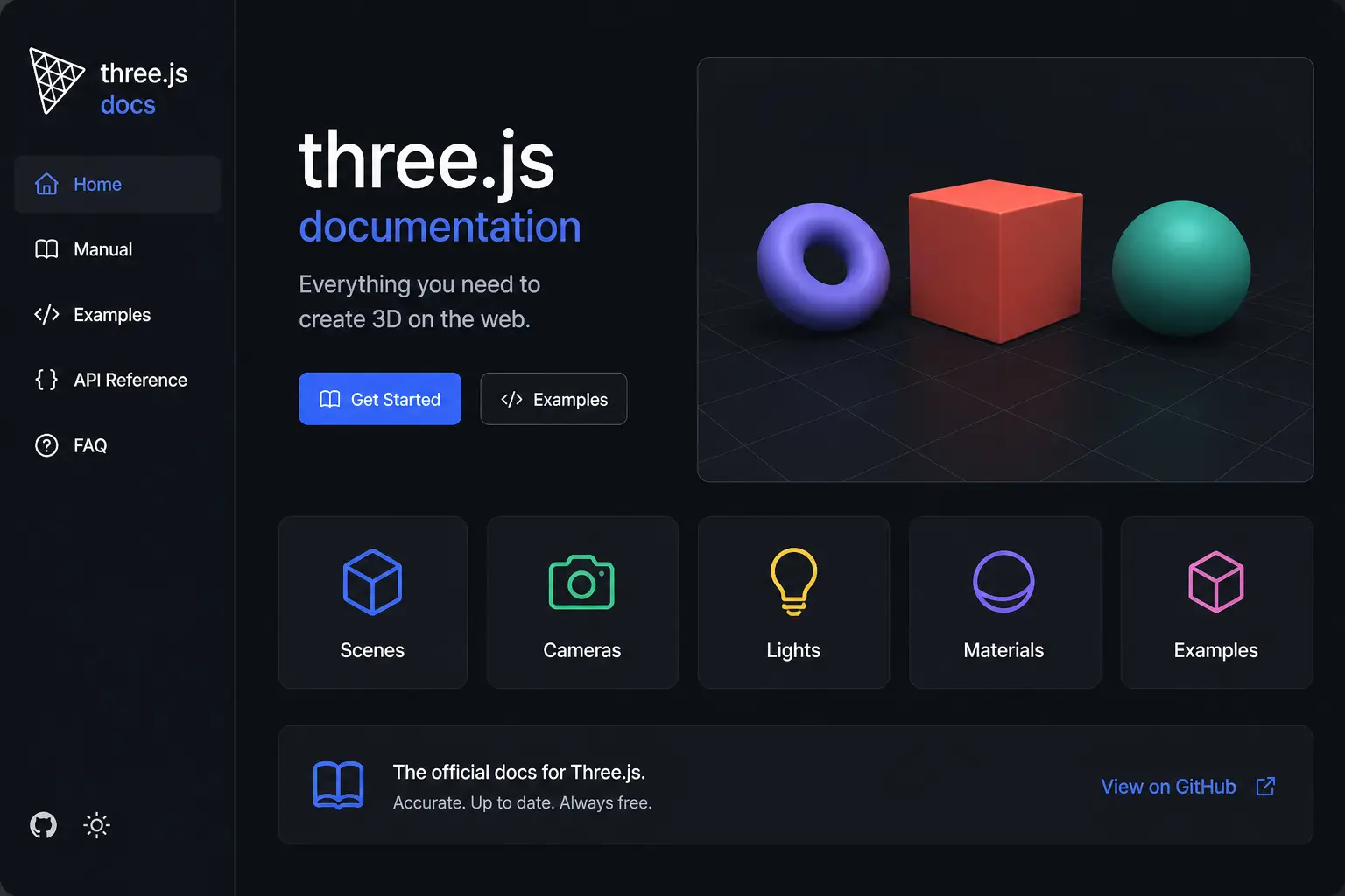 Three.js documentation for learning scenes, cameras, lighting, materials, and core concepts