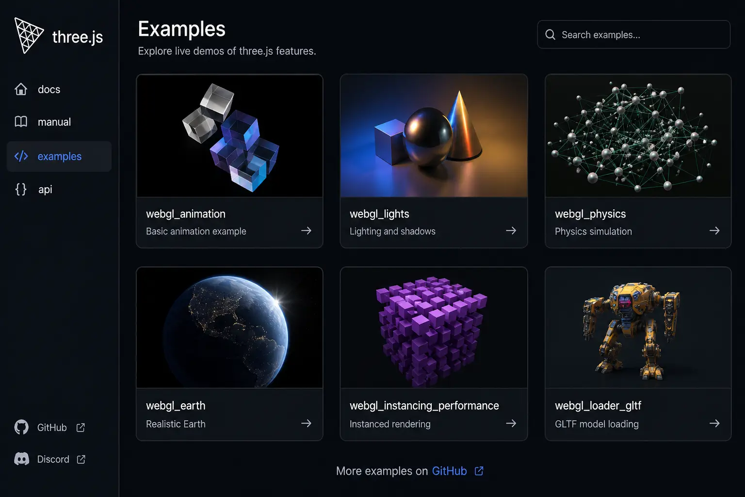 Three.js examples gallery with live demos and source code for beginner learning