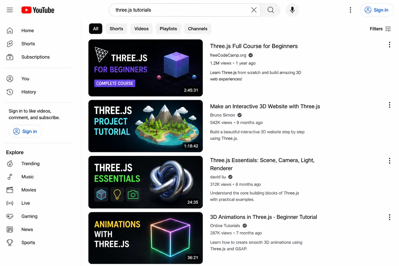 YouTube tutorials for learning Three.js visually through project-based videos